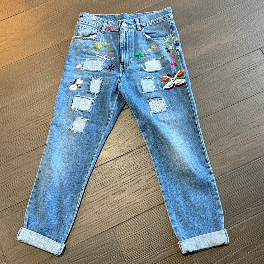 History Repeats adorable soft Embroidered Blue Jeans with Patches